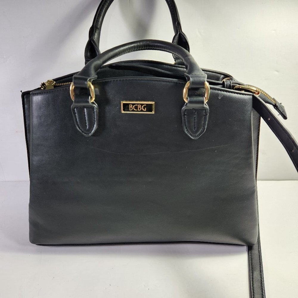 BCBG Max Azria Black Satchel Purse Large Shoulder Bag Triple Compartment Gold